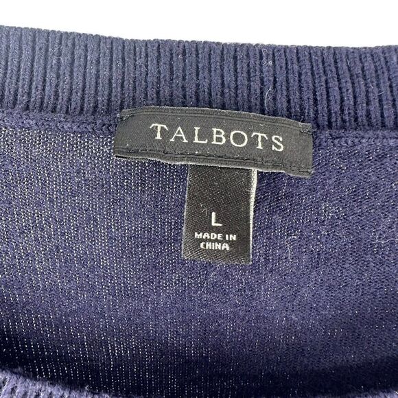 Talbots Sweater Size L Navy Blue Yellow Feather Embroidered Crew Neck Fun Preppy - Picture 6 of 7